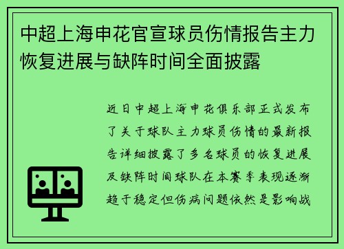 中超上海申花官宣球员伤情报告主力恢复进展与缺阵时间全面披露