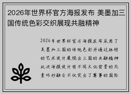 2026年世界杯官方海报发布 美墨加三国传统色彩交织展现共融精神